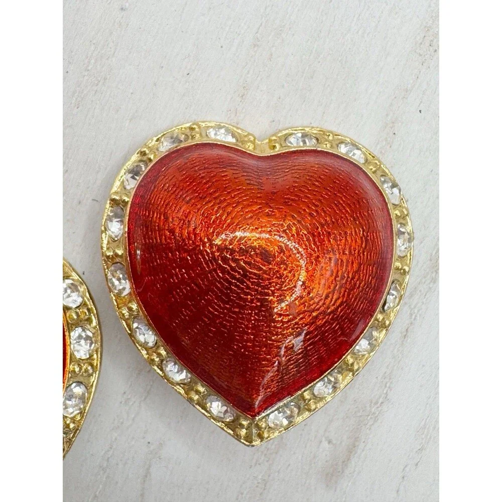 Vintage Victoria's Secret Red Enamel Puff Heart Clip on Earrings Rhinestone